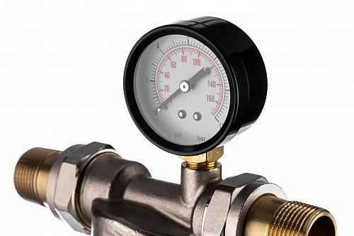 Фильтр промывной с манометром ГЕЙЗЕР БАСТИОН 112 Ø60 никель 3/4&amp;quot; АМ-АМ, 90 мкм, пластиковая колба