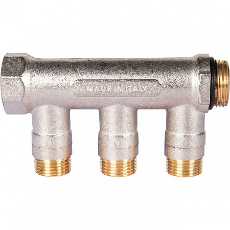Коллектор распределительный шаровой STOUT никель 3/4&quot;x1/2&quot; -3 выхода, (синие ручки), евроконус