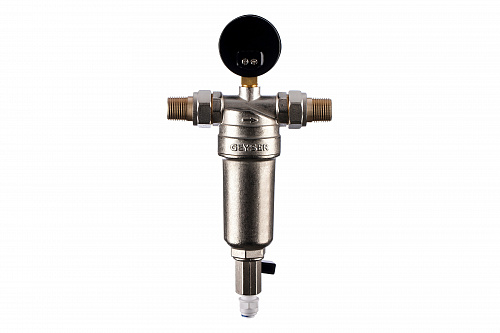 Фильтр промывной с манометром ГЕЙЗЕР БАСТИОН Ø53 никель 1/2&amp;quot; АМ-АМ, 90 мкм, латунная колба