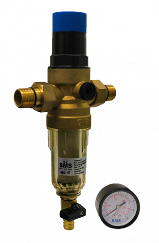 Фильтр промывной с редуктором SMS 47-G1/2 без покрытия 1/2&amp;quot; АМ-АМ, 100 мкм, пластик колба