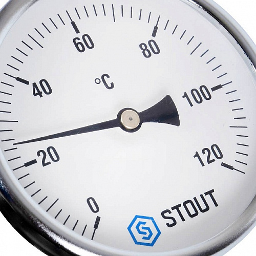 Термометр биметаллический погружной STOUT Ø80-1/2&amp;quot;, гильза 100 мм, +120°C