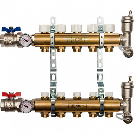 Коллекторная группа STOUT латунная 1&quot;x3/4&quot; EK -5 выходов, без расходомеров (краны + воздухо.)