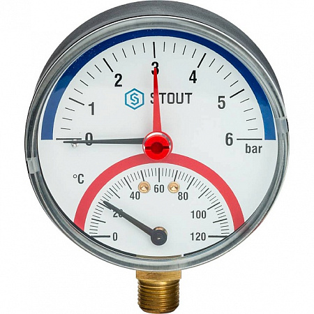 SIM-0006-800615 STOUT Термоманометр радиальный в комплекте с автоматическим запорным клапаном. Корпу