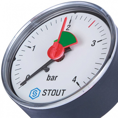 Манометр аксиальный STOUT Ø63-1/4&amp;quot;, 4 бар, горизонтальное подключение, с указателем предела