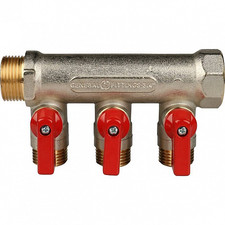 Коллектор распределительный шаровой STOUT никель 3/4&quot;x1/2&quot; -3 выхода, (красные ручки), плоский