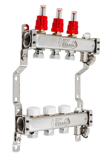 Коллекторная группа ESSAN GROUP802 нержавейка 1&amp;quot;x3/4&amp;quot; EK -3 выхода, с расходомерами (254 мм)