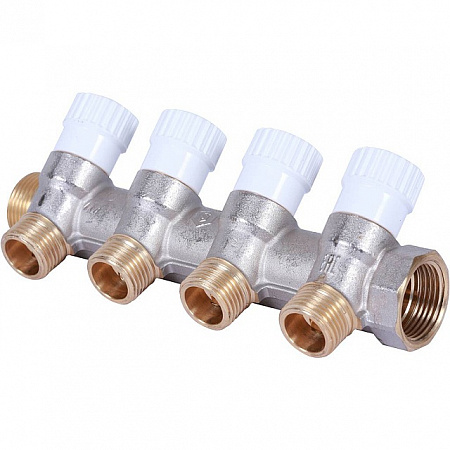 Коллектор распределительный вентильный STOUT никель 3/4&quot;x1/2&quot; -4 выхода, (белые ручки), плоский