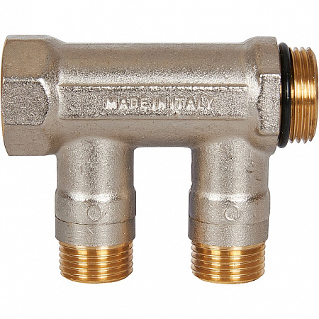 Коллектор распределительный шаровой STOUT никель 3/4&quot;x1/2&quot; -2 выхода, (синие ручки), евроконус