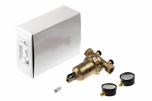 Фильтр промывной два манометра ГЕЙЗЕР БАСТИОН Ø76 без покрытия 3/4&amp;quot; ВР-ВР, 90 мкм, латунная колба