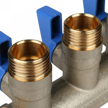 Коллектор распределительный шаровой STOUT никель 3/4&quot;x1/2&quot; -3 выхода, (синие ручки), плоский