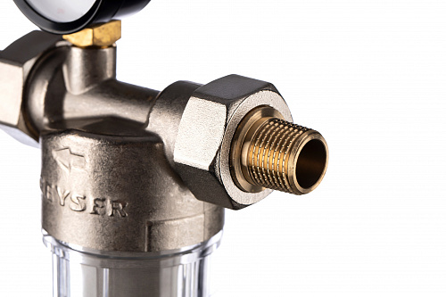 Фильтр промывной с манометром ГЕЙЗЕР БАСТИОН 112 Ø60 никель 1/2&amp;quot; АМ-АМ, 90 мкм, пластиковая колба