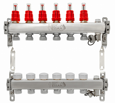 Коллекторная группа ESSAN GROUP802 нержавейка 1&quot;x3/4&quot; EK -6 выходов, с расходомерами (404 мм)
