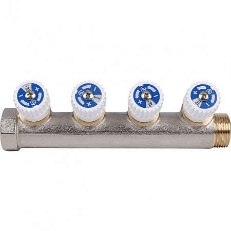 Коллектор распределительный вентильный STOUT никель 3/4&quot;x1/2&quot; -4 выхода, (белые ручки), евроконус