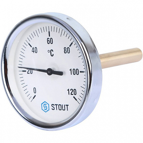 Термометр биметаллический погружной STOUT Ø80-1/2&amp;quot;, гильза 100 мм, +120°C