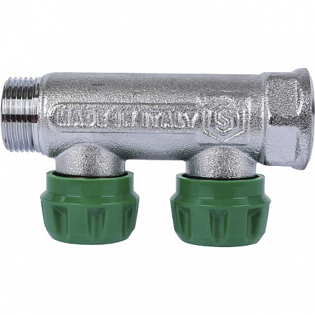 Коллектор распределительный вентильный STOUT никель 3/4&quot;x1/2&quot; -2 выхода, (зеленые ручки), евроконус
