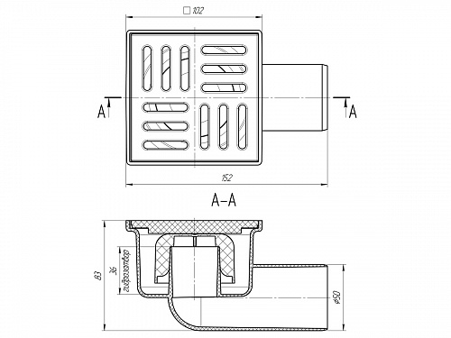 Трап пластиковый угловой горизонтальный АНИПЛАСТ Ø50 мокрый сифон, пластиковая решетка 10х10 см
