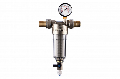 Фильтр промывной с манометром ГЕЙЗЕР БАСТИОН 112 Ø60 никель 3/4&amp;quot; АМ-АМ, 90 мкм, пластиковая колба