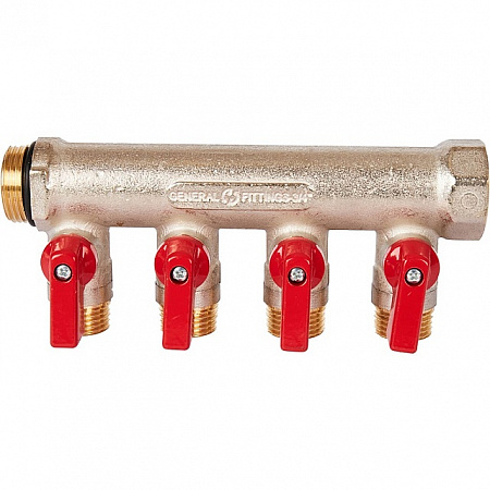 Коллектор распределительный шаровой STOUT никель 3/4&quot;x1/2&quot; -4 выхода, (красные ручки), евроконус