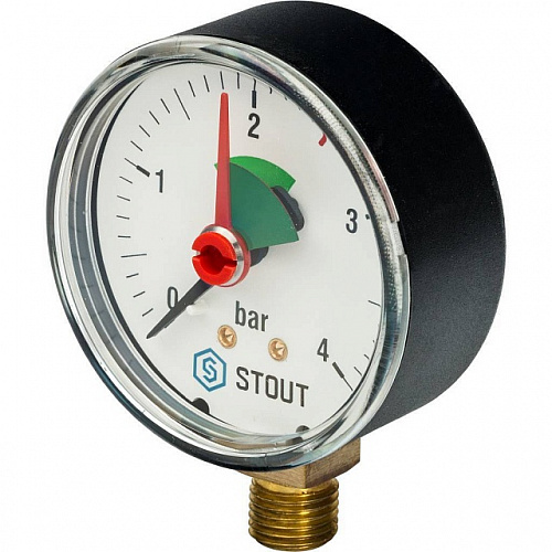 Манометр радиальный STOUT Ø63-1/4&amp;quot;, 4 бар, вертикальное подключение, с указателем предела