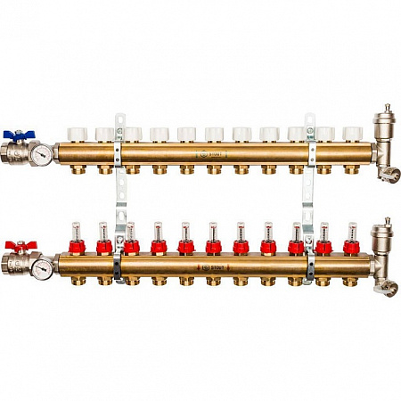Коллекторная группа STOUT латунная 1&quot;x3/4&quot; EK -11 выходов, с расходомерами (краны + воздухо.)