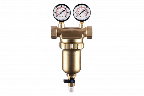 Фильтр промывной два манометра ГЕЙЗЕР БАСТИОН Ø76 без покрытия 3/4&amp;quot; ВР-ВР, 90 мкм, латунная колба