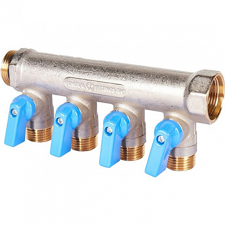 Коллектор распределительный шаровой STOUT никель 3/4&quot;x1/2&quot; -4 выхода, (синие ручки), евроконус