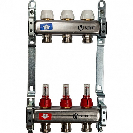 Коллекторная группа STOUT нержавейка 1&quot;x3/4&quot; EK -3 выхода, с расходомерами