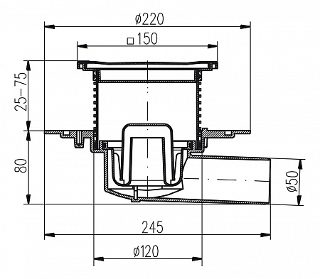 Трап для пола с боковым сливом универсальный MCH DN50 c фланцем (381F)