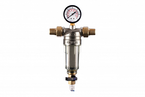 Фильтр промывной с манометром ГЕЙЗЕР БАСТИОН Ø53 никель 1/2&amp;quot; АМ-АМ, 90 мкм, пластиковая колба