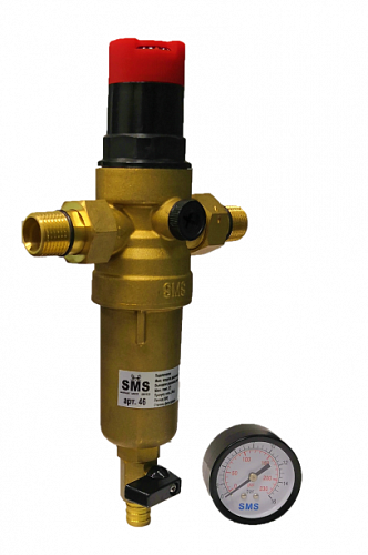 Фильтр промывной с редуктором SMS 46-G1/2 без покрытия 1/2&amp;quot; АМ-АМ, 100 мкм, латунь колба