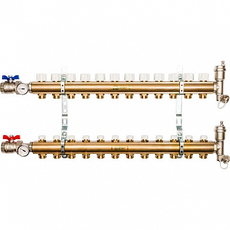 Коллекторная группа STOUT латунная 1&quot;x3/4&quot; EK -12 выходов, без расходомеров (краны + воздухо.)