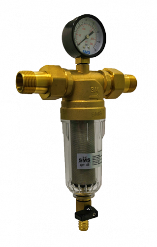 Фильтр промывной с манометром SMS 45-G3/4 без покрытия 3/4&amp;quot; АМ-АМ, 100 мкм, пластик колба