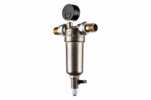 Фильтр промывной с манометром ГЕЙЗЕР БАСТИОН 122 Ø60 никель 3/4&amp;quot; АМ-АМ, 90 мкм, латунная колба
