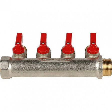 Коллектор распределительный шаровой STOUT никель 3/4&quot;x1/2&quot; -4 выхода, (красные ручки), плоский