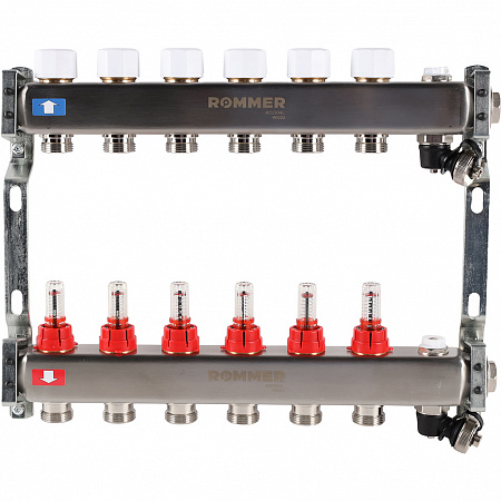 Коллектор из нержавеющей стали ROMMER с расходомерами, с клапан вып. воздух и слив, 6 выход ROMMER