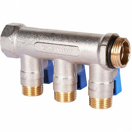Коллектор распределительный шаровой STOUT никель 3/4&quot;x1/2&quot; -3 выхода, (синие ручки), евроконус