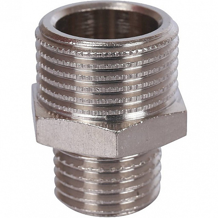 Ниппель переходной резьбовой латунный STOUT никель 3/8&quot;x1/4&quot; Н