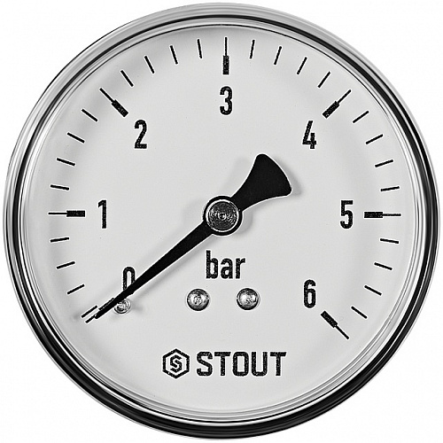 Манометр аксиальный STOUT Ø63-1/4&amp;quot;, 6 бар, горизонтальное подключение, с указателем предела