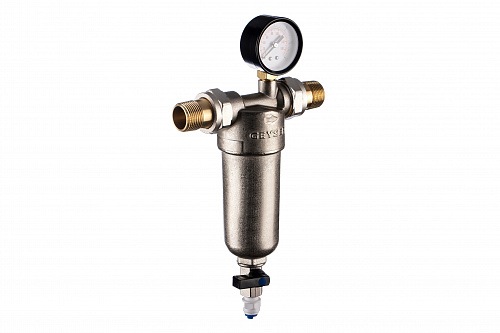 Фильтр промывной с манометром ГЕЙЗЕР БАСТИОН 122 Ø60 никель 3/4&amp;quot; АМ-АМ, 90 мкм, латунная колба