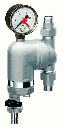 Фильтр промывной поворотный FAR никель 1/2&amp;quot; АМ-АМ 100 мкм, латунная колба, с манометром