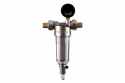 Фильтр промывной с манометром ГЕЙЗЕР БАСТИОН 112 Ø60 никель 1/2&amp;quot; АМ-АМ, 90 мкм, пластиковая колба