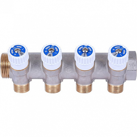 Коллектор распределительный вентильный STOUT никель 3/4&quot;x1/2&quot; -4 выхода, (белые ручки), плоский