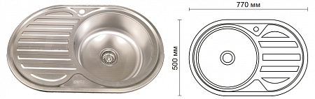 Мойка нержавеющая врезная глянцевая SMS-77/50 Decor 77х50R (сифон+крепеж)