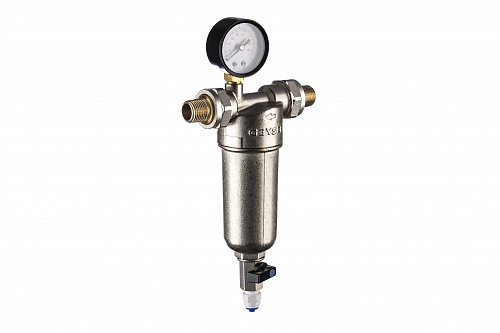 Фильтр промывной с манометром ГЕЙЗЕР БАСТИОН 122 Ø60 никель 1/2&amp;quot; АМ-АМ, 90 мкм, латунная колба