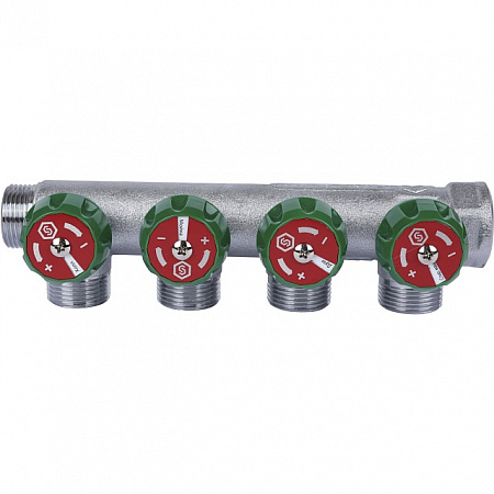 Коллектор распределительный вентильный STOUT никель 3/4&quot;x3/4&quot; -4 выхода, (зеленые ручки), евроконус