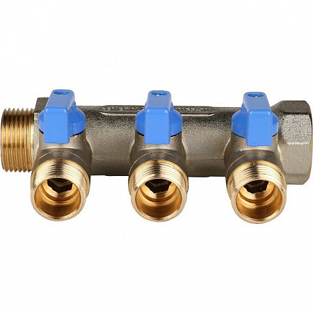 Коллектор распределительный шаровой STOUT никель 3/4&quot;x1/2&quot; -3 выхода, (синие ручки), плоский