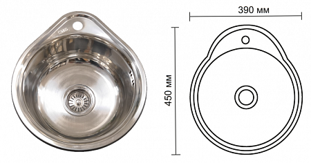 Мойка нержавеющая врезная глянцевая круглая SMS-Ф45-39-Р 45 (сифон+крепеж)