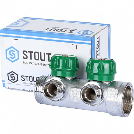 Коллектор распределительный вентильный STOUT никель 1&quot;x1/2&quot; -2 выхода, (зеленые ручки), евроконус