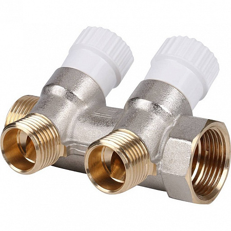 Коллектор распределительный вентильный STOUT никель 3/4&quot;x1/2&quot; -2 выхода, (белые ручки), евроконус