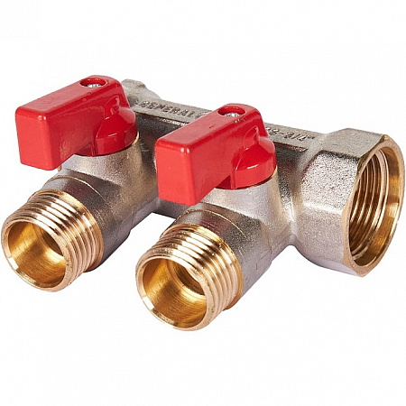Коллектор распределительный шаровой STOUT никель 3/4&quot;x1/2&quot; -2 выхода, (красные ручки), евроконус